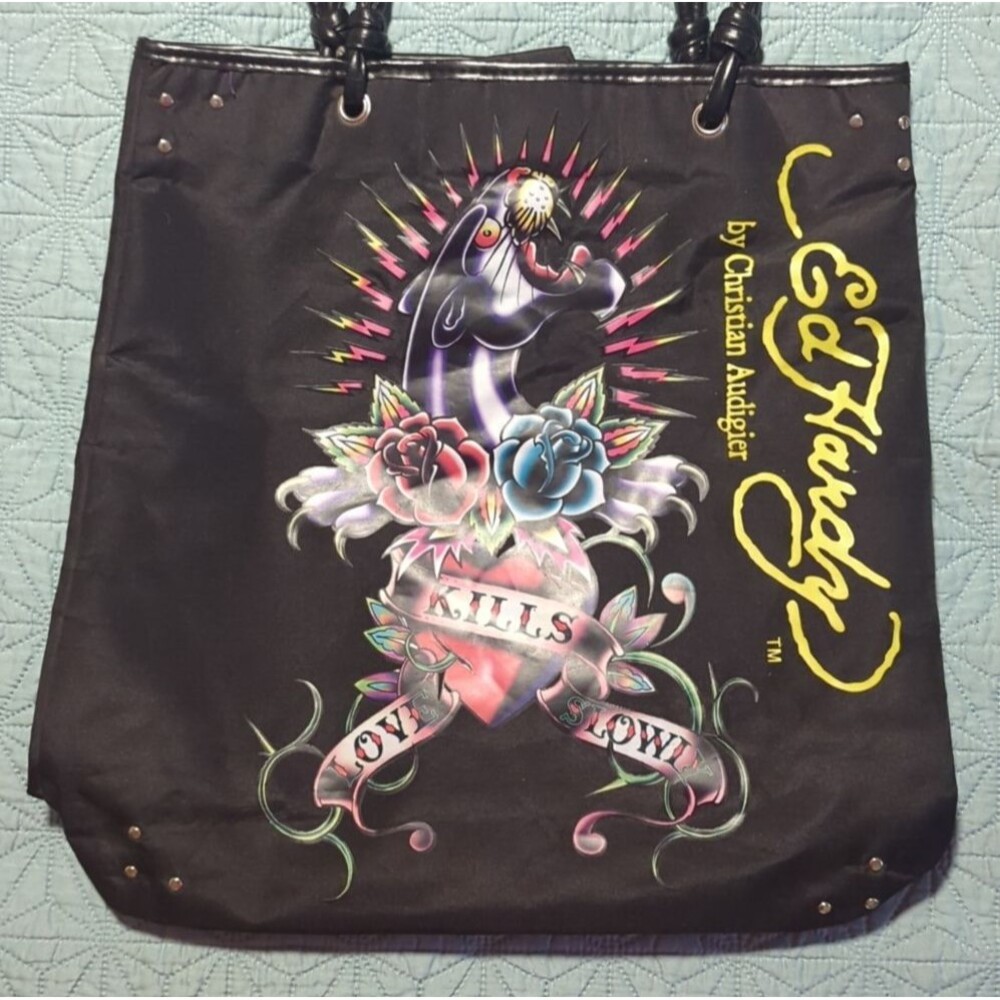 Vtg Y2K Ed Hardy Tote Bag Black Panther Love Kills Slowly by Christian Audigier
